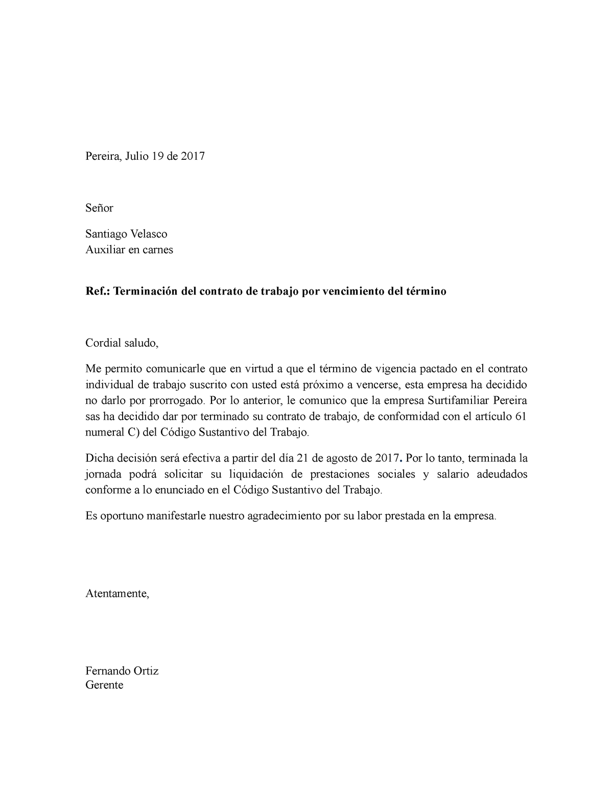 modelo carta preaviso terminacion de contrato laboral colombia